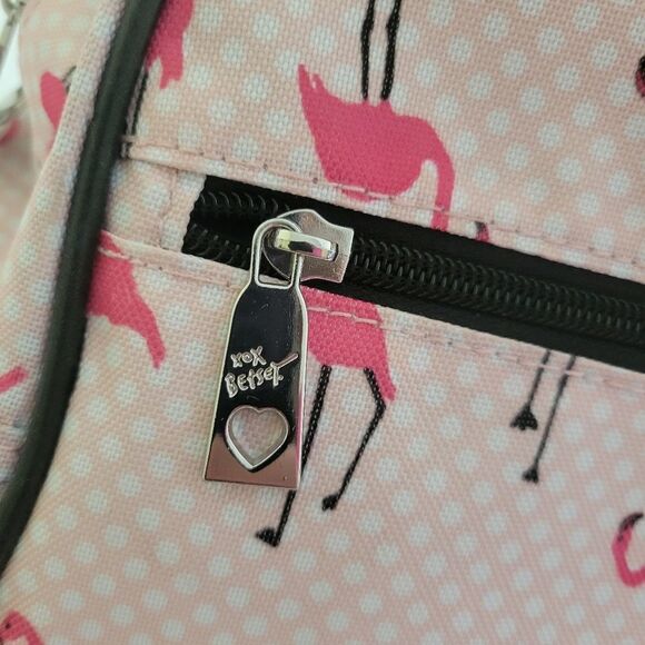 $160 LARGE NEW BETSEY JOHNSON PINK FLAMINGO CARRYON ROLLING TRAVEL BAG BLACK NWT - Picture 4 of 14